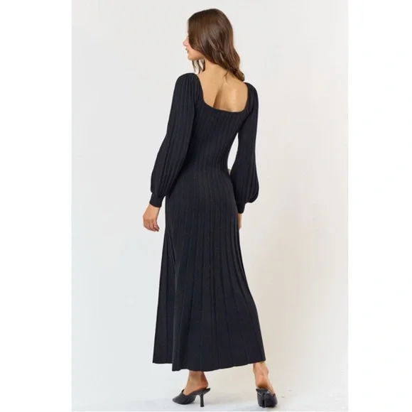 435 • Black Viscose Blend Pleat Knit Scoop Neck White Bows Balloon Sleeve Dress - Picture 3 of 5